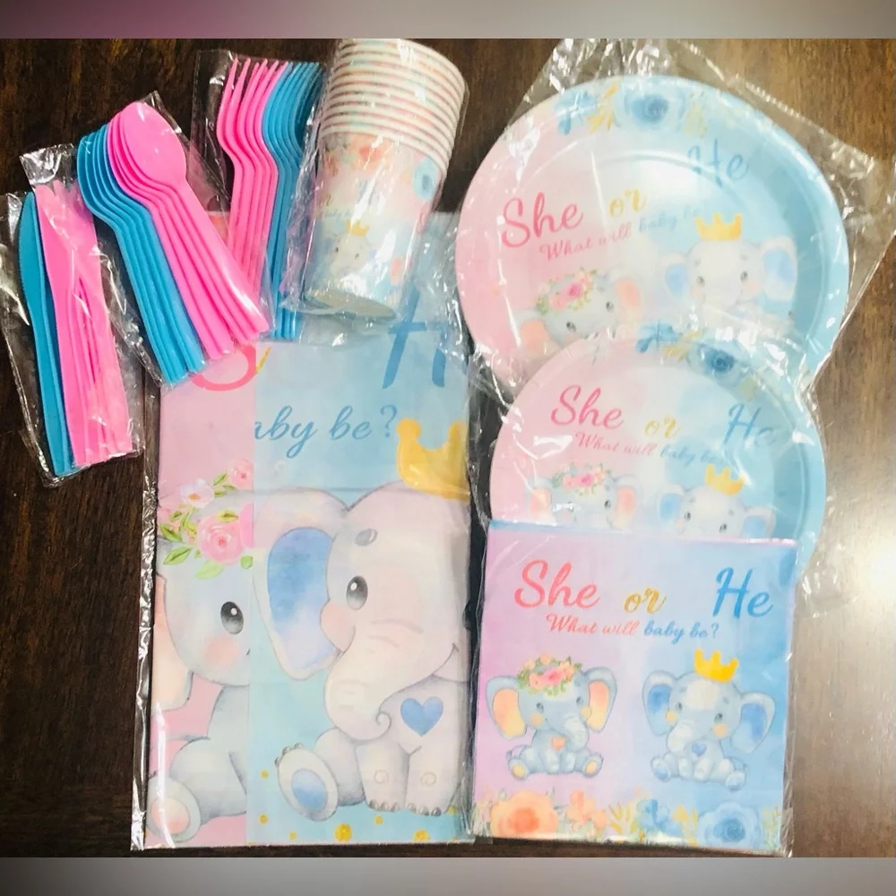 Elephant gender reveal she or he what will be tablewares set pink blue.71 pcs